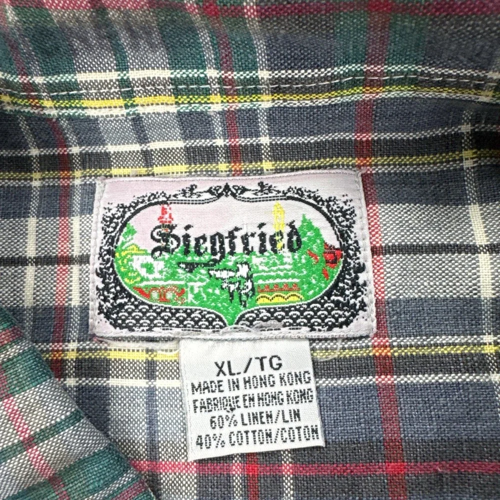 Vintage Siegfried Shirt Mens XL Multicolor Plaid Linen Short Sleeve Button Front